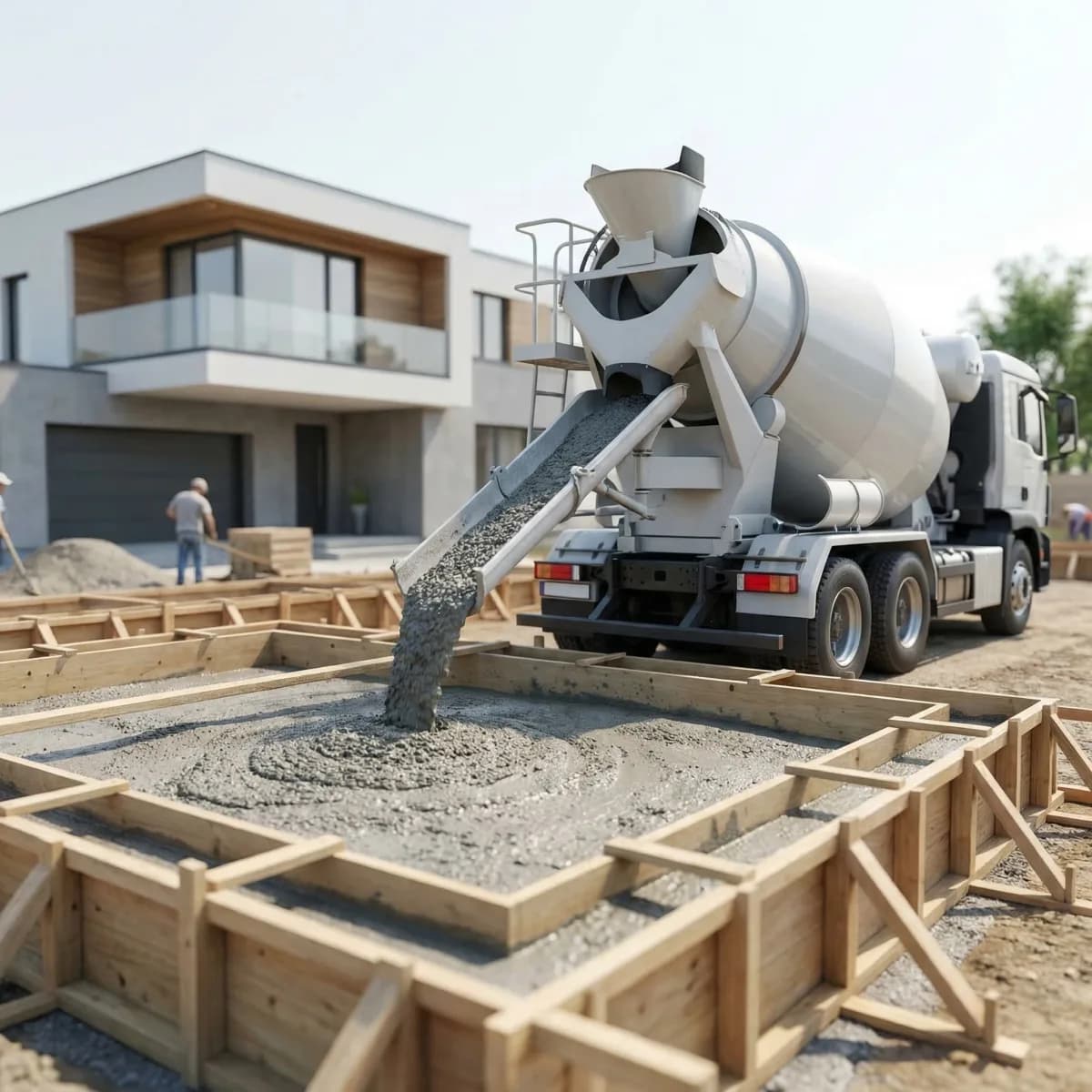 Подача бетона с миксера в опалубку при строительстве частного дома