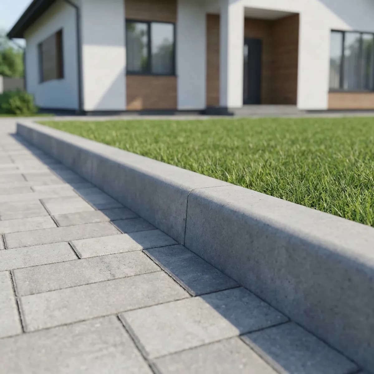 Бетонный тротуарный бордюр вдоль дорожки с плиткой и газоном
