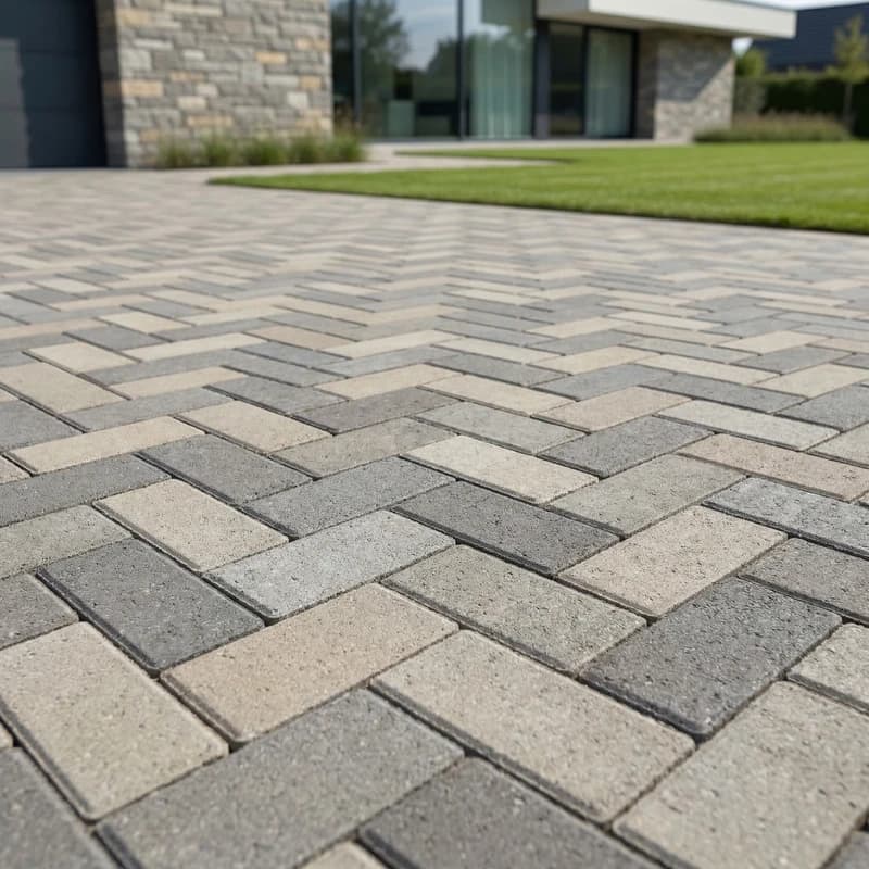 Тротуарная плитка кирпичик серо-бежевого цвета, укладка ёлочкой